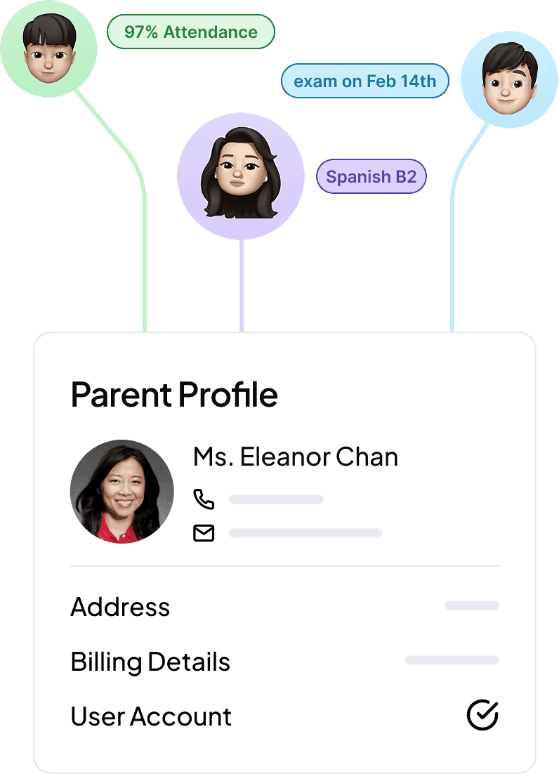 Student database profile showing lesson logs, attendance, and billing history